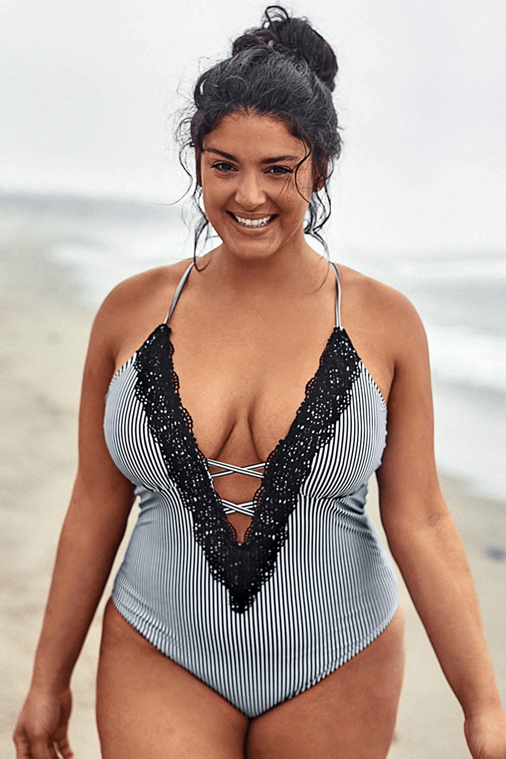 CUPSHE Women'S plus Size One Piece Swimsuit Stripy Lace V Neck Bikini Apparel & Accessories > Clothing > Swimwear Kylie Max   