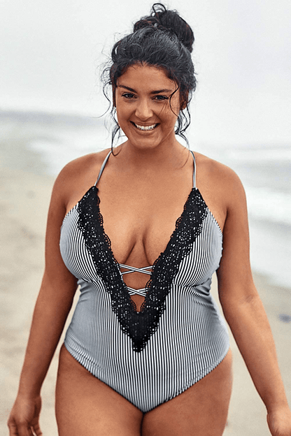 CUPSHE Women'S plus Size One Piece Swimsuit Stripy Lace V Neck Bikini Apparel & Accessories > Clothing > Swimwear Kylie Max   