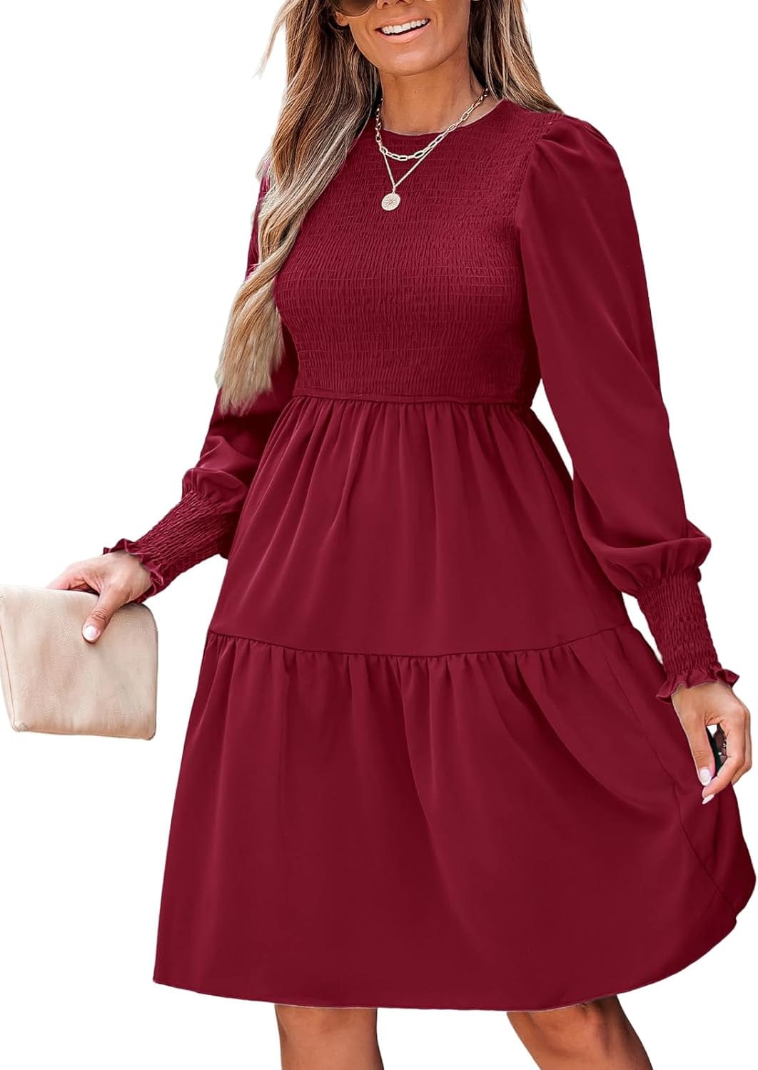 CUPSHE Women'S round Neck Emerald Green Smocked Long Sleeve Mini Dress Ruffled Hem Casual a Line Short Dress Burgundy / X-Small