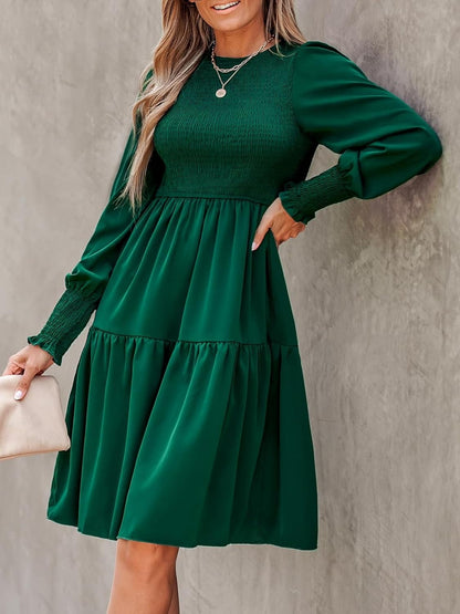 CUPSHE Women'S round Neck Emerald Green Smocked Long Sleeve Mini Dress Ruffled Hem Casual a Line Short Dress