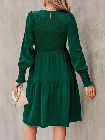 CUPSHE Women'S round Neck Emerald Green Smocked Long Sleeve Mini Dress Ruffled Hem Casual a Line Short Dress