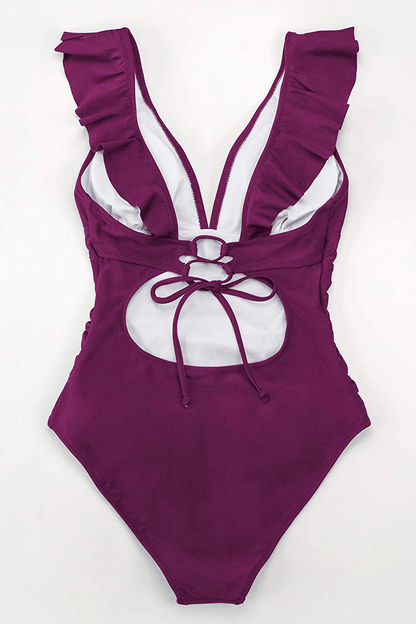 CUPSHE Women'S V Neck One Piece Swimsuit Ruffled Lace up Monokini Apparel & Accessories > Clothing > Swimwear Kylie Max   