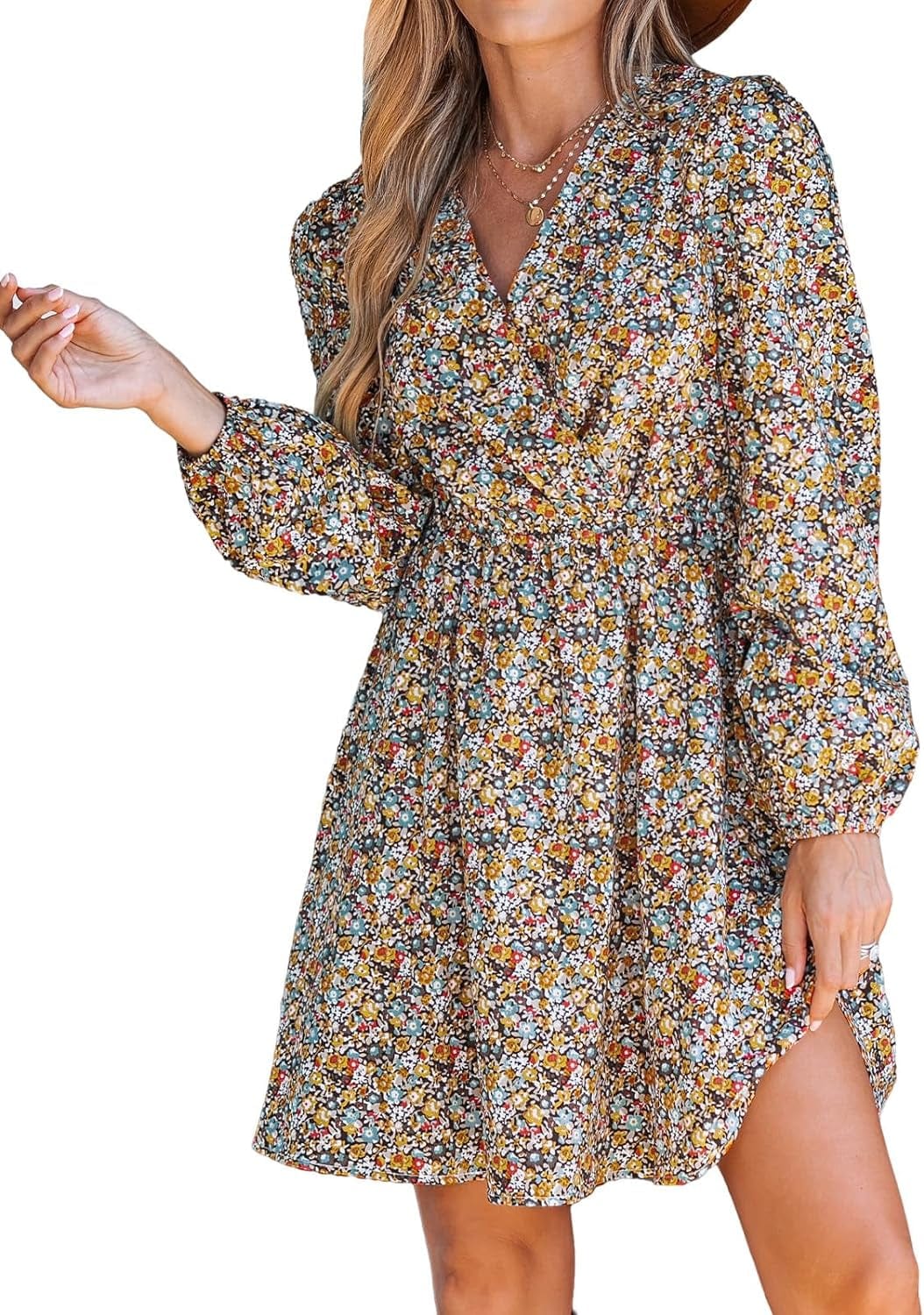 CUPSHE Womens V Neck Floral Mini Dress Long Sleeve a Line Surplice Yellow Floral / Large