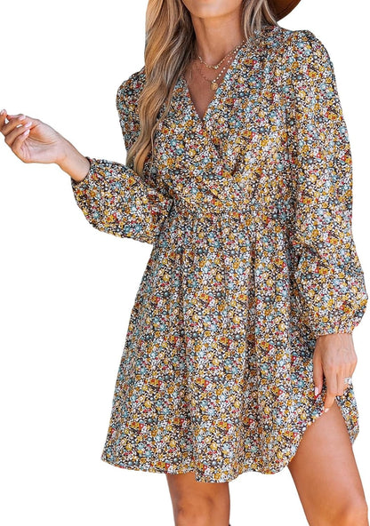 CUPSHE Womens V Neck Floral Mini Dress Long Sleeve a Line Surplice Yellow Floral / Large