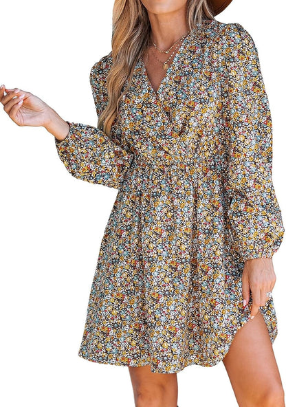CUPSHE Womens V Neck Floral Mini Dress Long Sleeve a Line Surplice Yellow Floral / X-Small