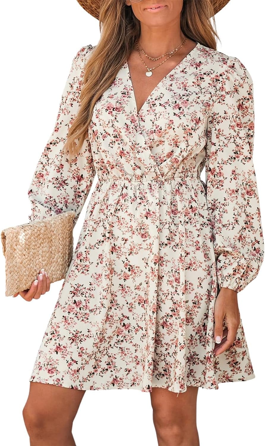 CUPSHE Womens V Neck Floral Mini Dress Long Sleeve a Line Surplice White / Large