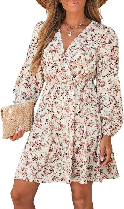 CUPSHE Womens V Neck Floral Mini Dress Long Sleeve a Line Surplice White / Large