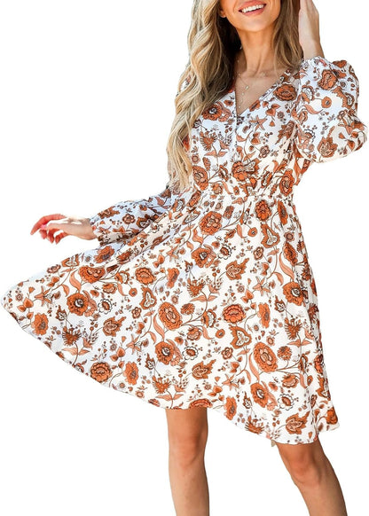 CUPSHE Womens V Neck Floral Mini Dress Long Sleeve a Line Surplice Burnt Orange Floral / Large
