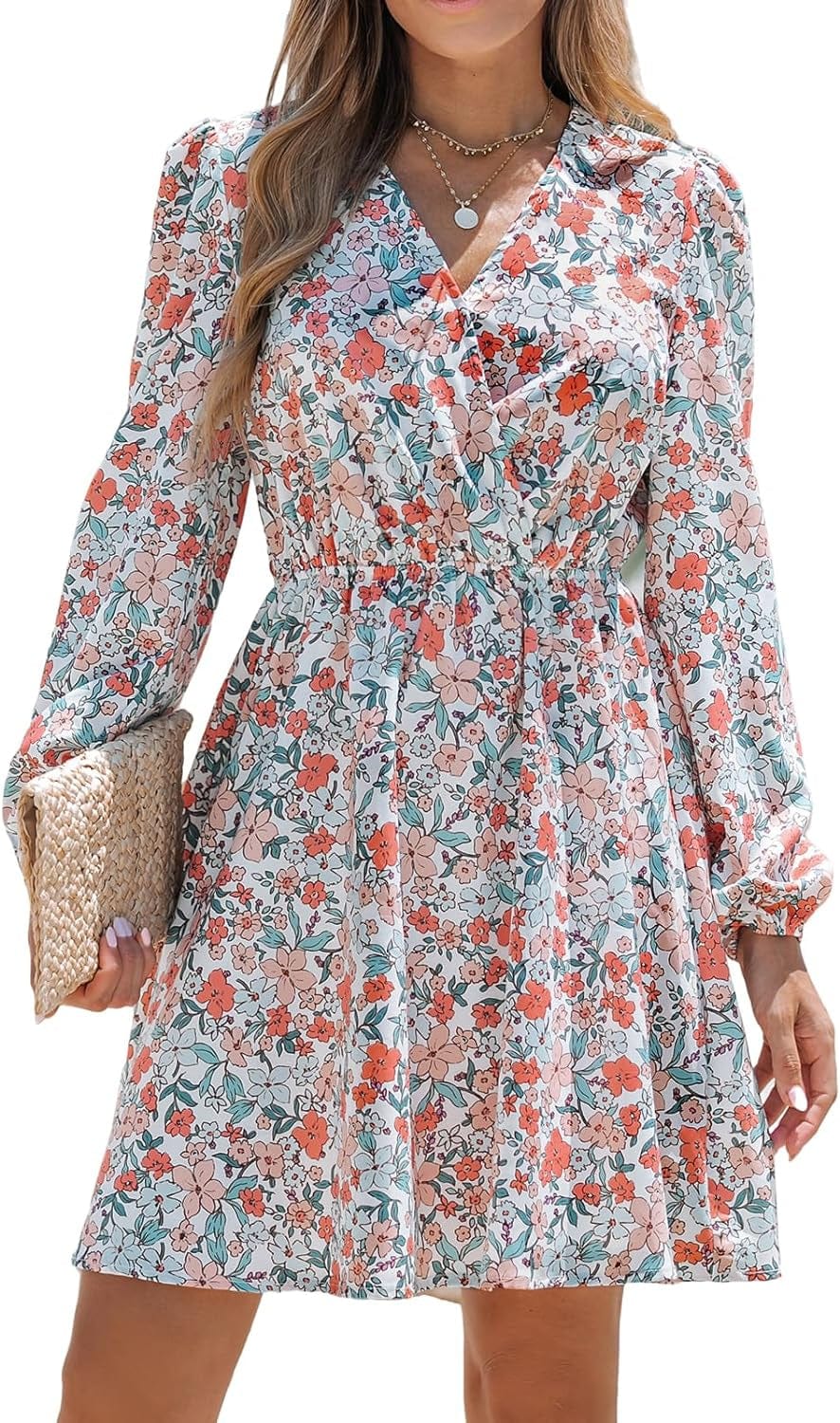 CUPSHE Womens V Neck Floral Mini Dress Long Sleeve a Line Surplice Orange Floral / X-Small