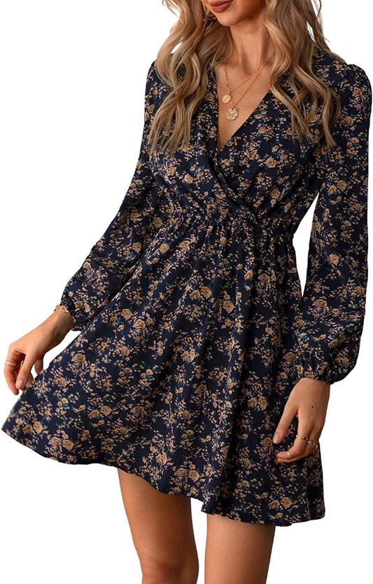 CUPSHE Womens V Neck Floral Mini Dress Long Sleeve a Line Surplice