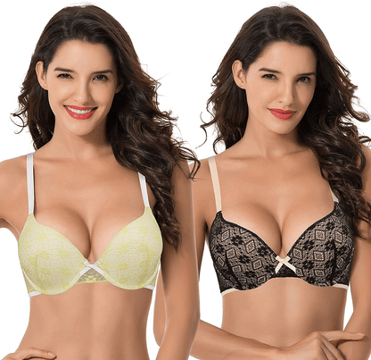 Curve Muse Women's Plus Size Push Up Add 1 Cup Underwire Perfect Shape Lace Bras Black,yellow(2 Pack) / 34DDD