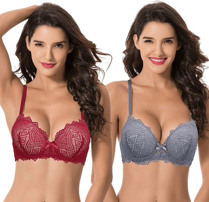 Curve Muse Women's Plus Size Push Up Add 1 Cup Underwire Perfect Shape Lace Bras Red,dusty Blue(2 Pack) / 48D