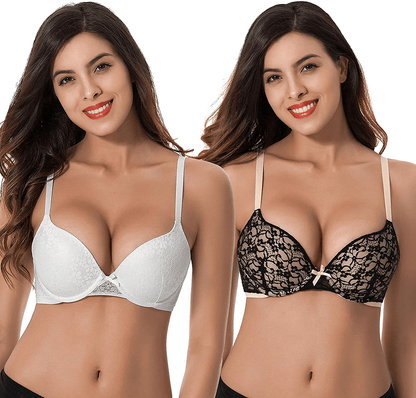 Curve Muse Women's Plus Size Push Up Add 1 Cup Underwire Perfect Shape Lace Bras Black, White / 36DDD