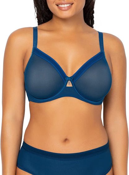 Curvy Couture Women'S Sheer Mesh Full Coverage Unlined Underwire, Sexy Supportive plus Size, See-Through Bras Blue Sapphire / 46D