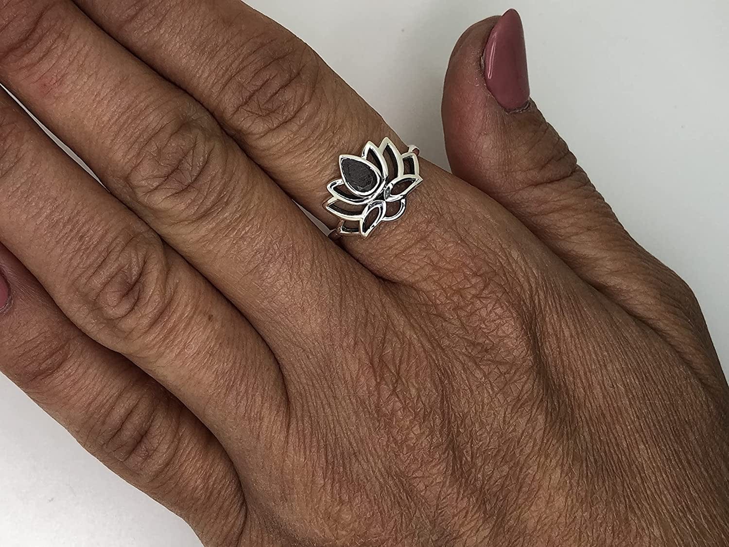 Cut Pear Labradorite Lotus 925 Sterling Silver Ring - Delicate BOHO Chic Jewelry - Fashionable and Stylish for Girls and Women with Velvet Gift Bag - Made by Indian Artisans - Size 6-9 by