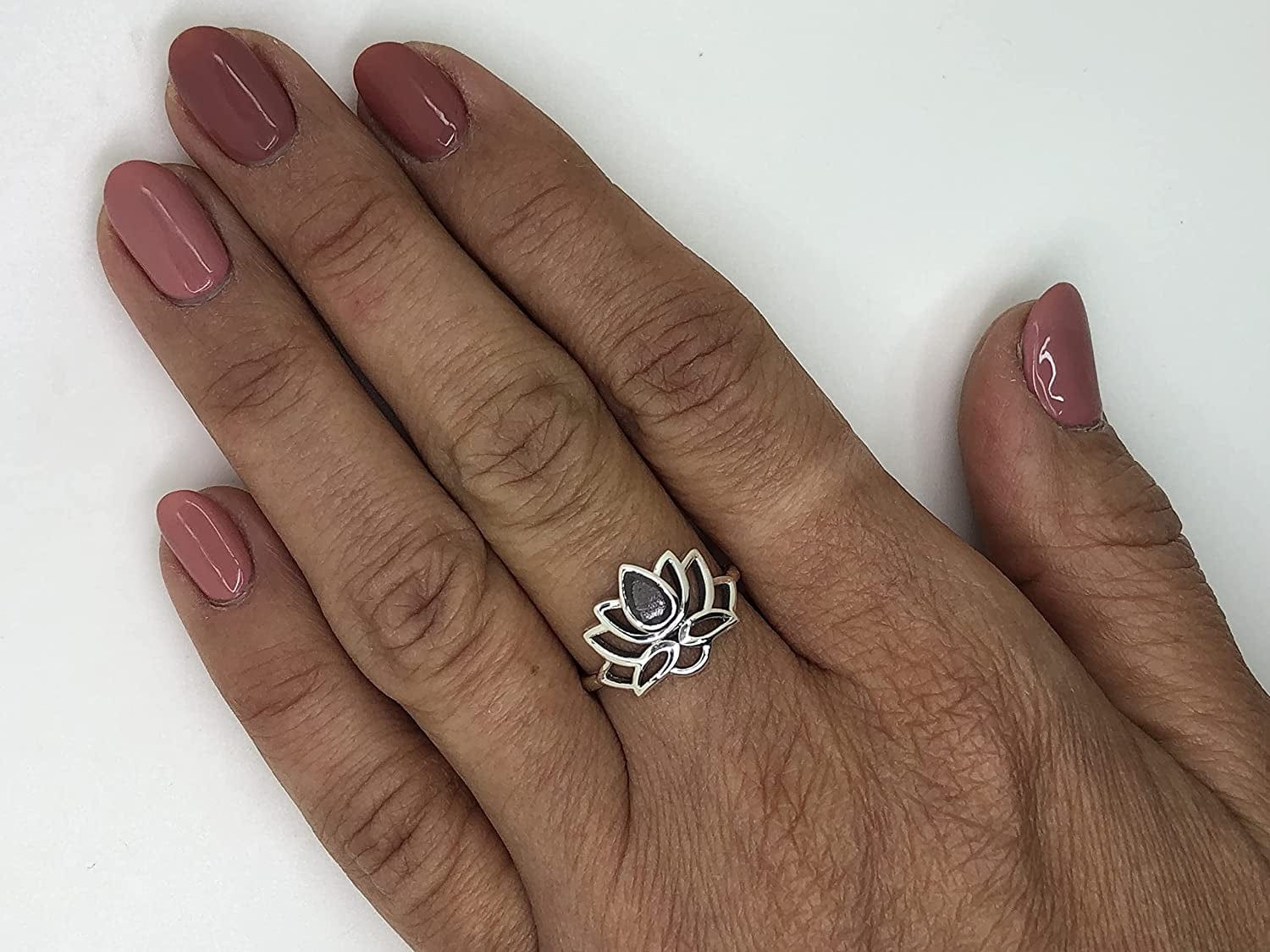 Cut Pear Labradorite Lotus 925 Sterling Silver Ring - Delicate BOHO Chic Jewelry - Fashionable and Stylish for Girls and Women with Velvet Gift Bag - Made by Indian Artisans - Size 6-9 by