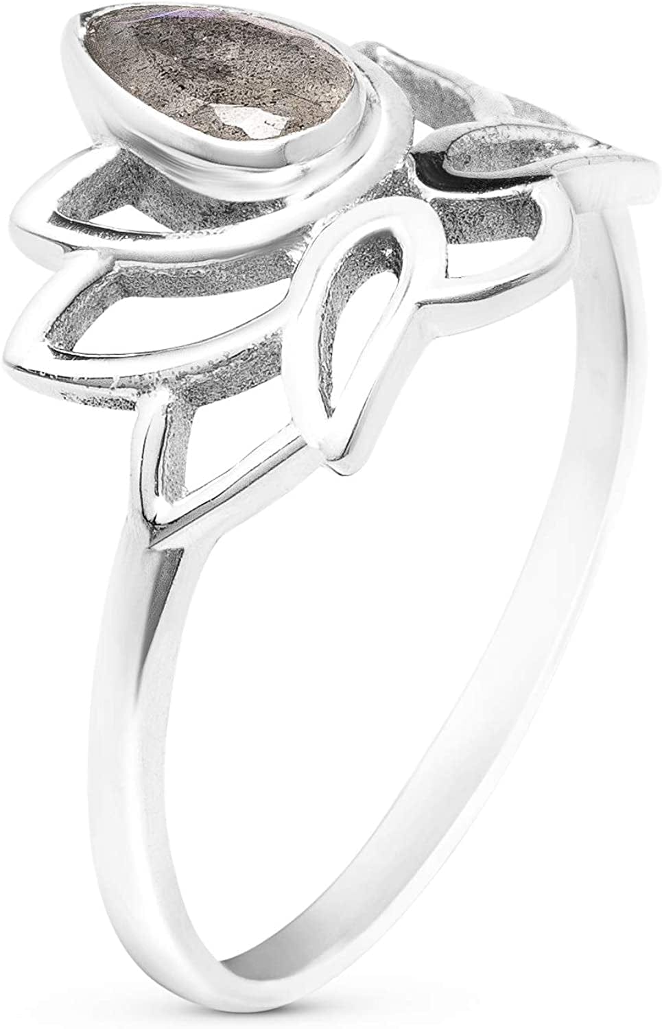 Cut Pear Labradorite Lotus 925 Sterling Silver Ring - Delicate BOHO Chic Jewelry - Fashionable and Stylish for Girls and Women with Velvet Gift Bag - Made by Indian Artisans - Size 6-9 by