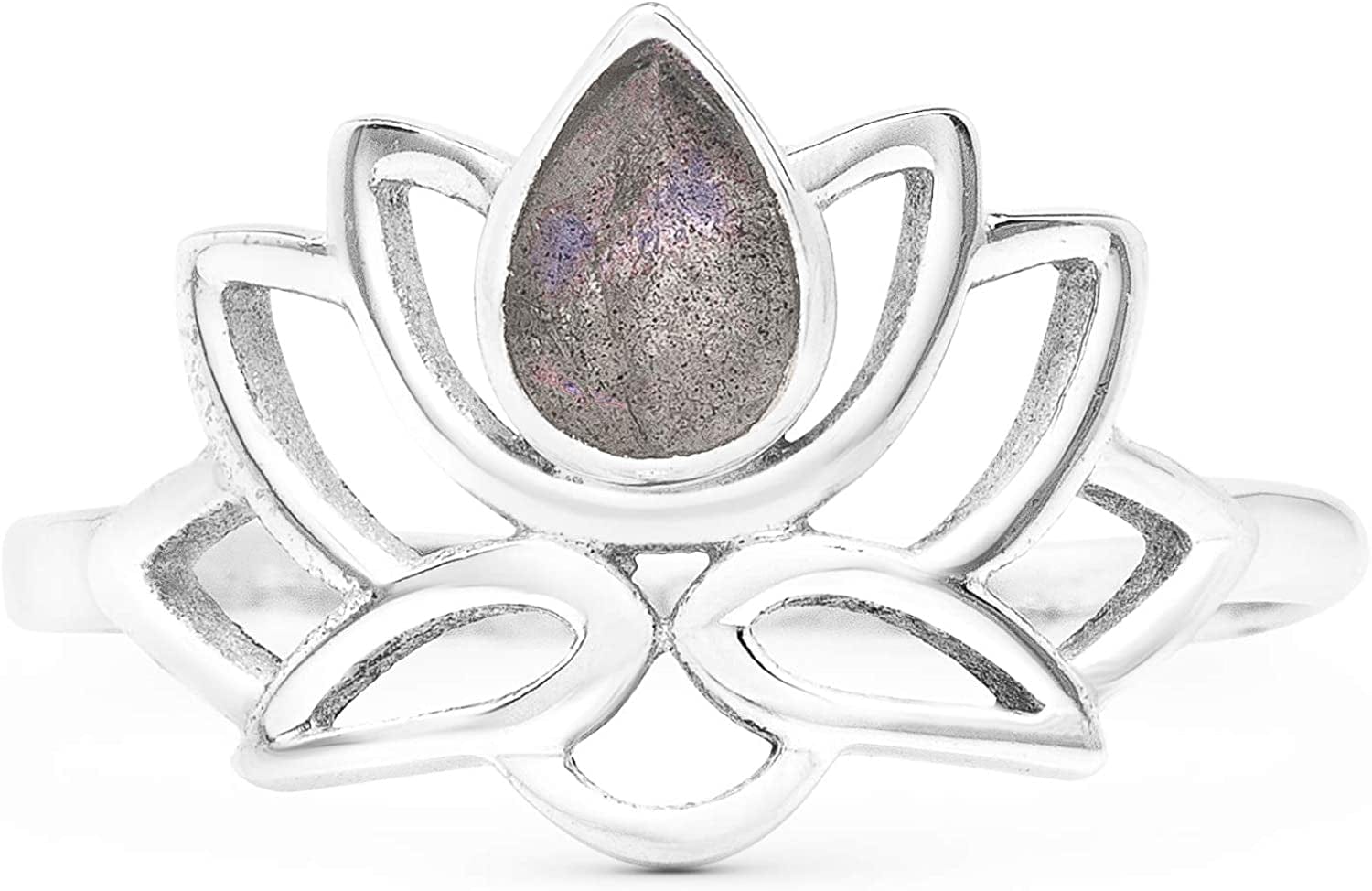 Cut Pear Labradorite Lotus 925 Sterling Silver Ring - Delicate BOHO Chic Jewelry - Fashionable and Stylish for Girls and Women with Velvet Gift Bag - Made by Indian Artisans - Size 6-9 by 7