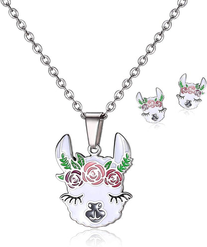 Cute Alpaca Necklace Animal Llama Jewelry Alpaca Stud Earrings Set