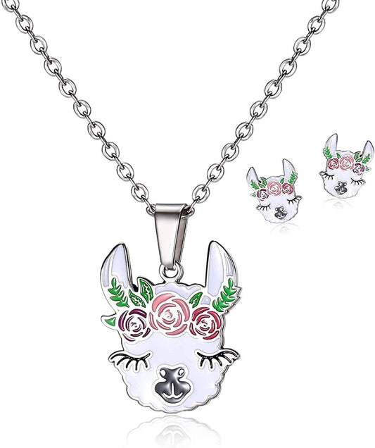 Cute Alpaca Necklace Animal Llama Jewelry Alpaca Stud Earrings Set