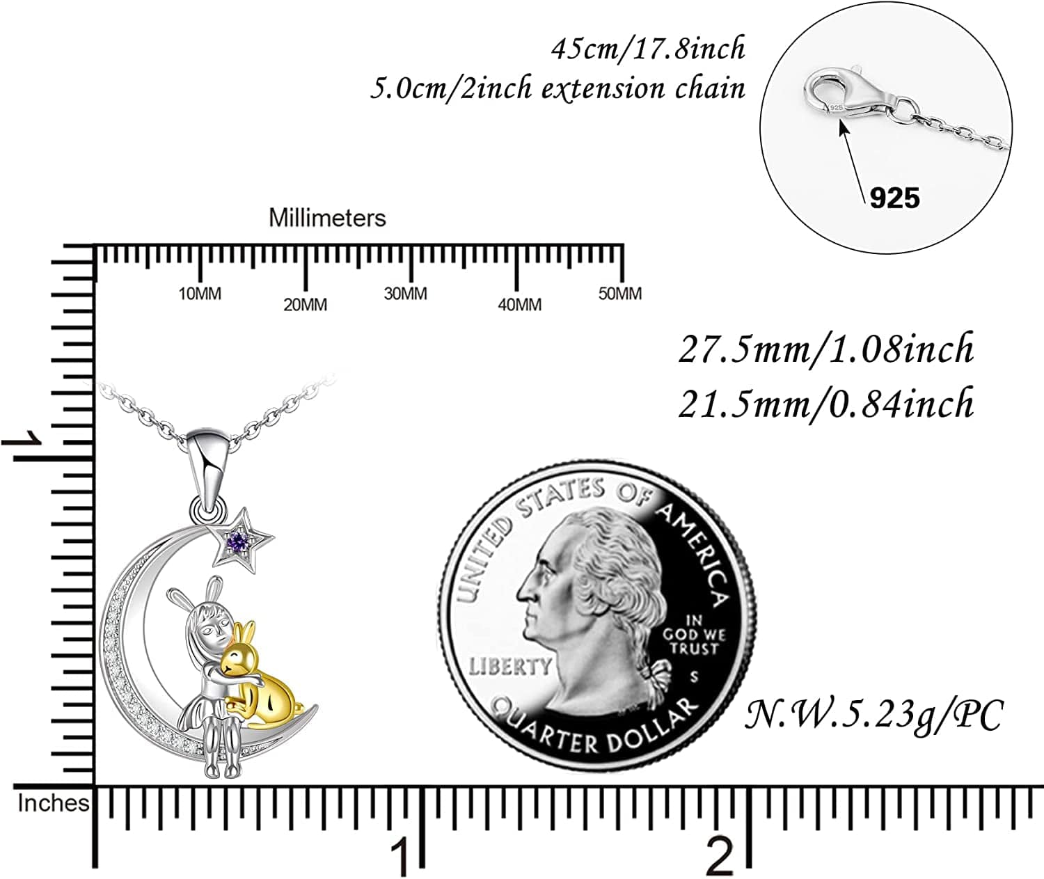 Cute Bunny Moon Necklace for Women Grils 925 Sterling Silver Rabbit Pendant Jewelry Gift for Christmas Valentines Anniversary Birthday