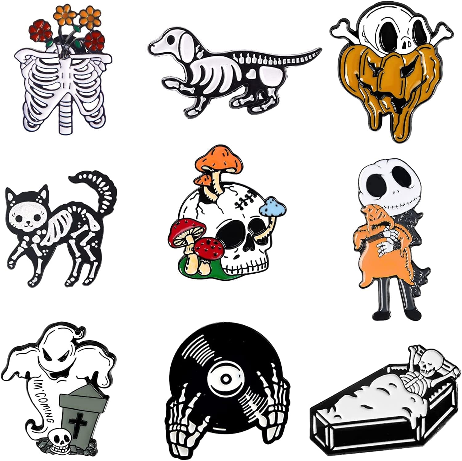 Cute Enamel Pins, Cartoon Pin Brooches Set, Funny Aesthetic Backpack Pins Lapel Badge Pins for Backpacks Jackets Hats Bags Cute Skeleton