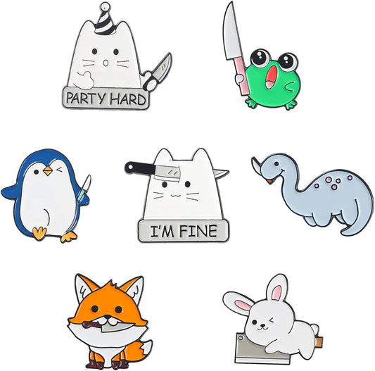 Cute Enamel Pins, Cartoon Pin Brooches Set, Funny Aesthetic Backpack Pins Lapel Badge Pins for Backpacks Jackets Hats Bags Animal With Knife
