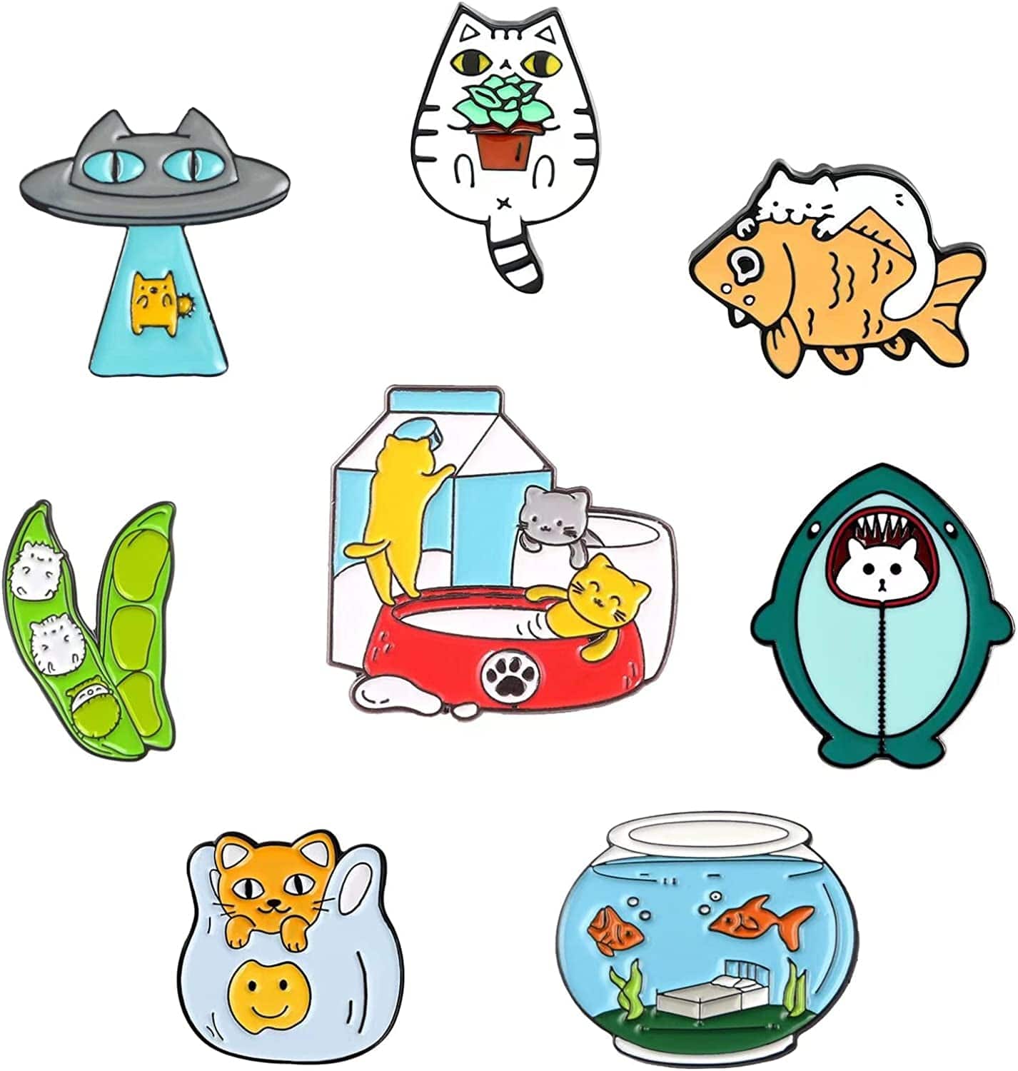 Cute Mushroom Frog Enamel Tiger Animal Pin Brooches Sets ,Cartoon Lapel Badge Funny Button Cat Pins Jewelry for Backpack Cloths Hats Decorations Cat collection