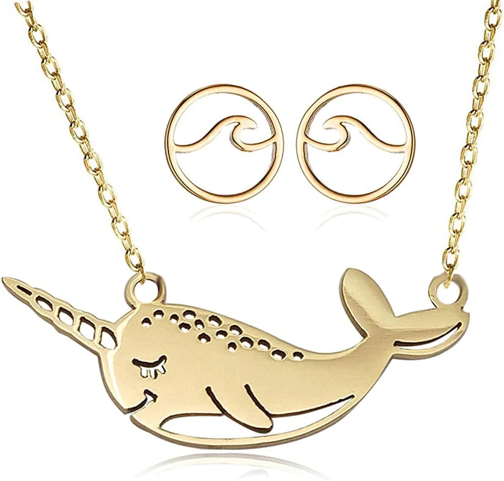 Cute Narwhal Whale of the Sea Fish Necklace Animal Jewelry Set for Women Girls Gift 18" Chain Gold narwhal + wave earrings
