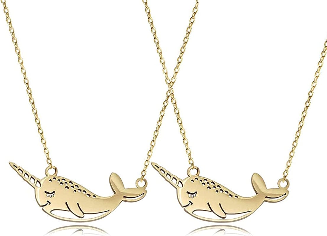 Cute Narwhal Whale of the Sea Fish Necklace Animal Jewelry Set for Women Girls Gift 18" Chain 2pcs gold narwhal