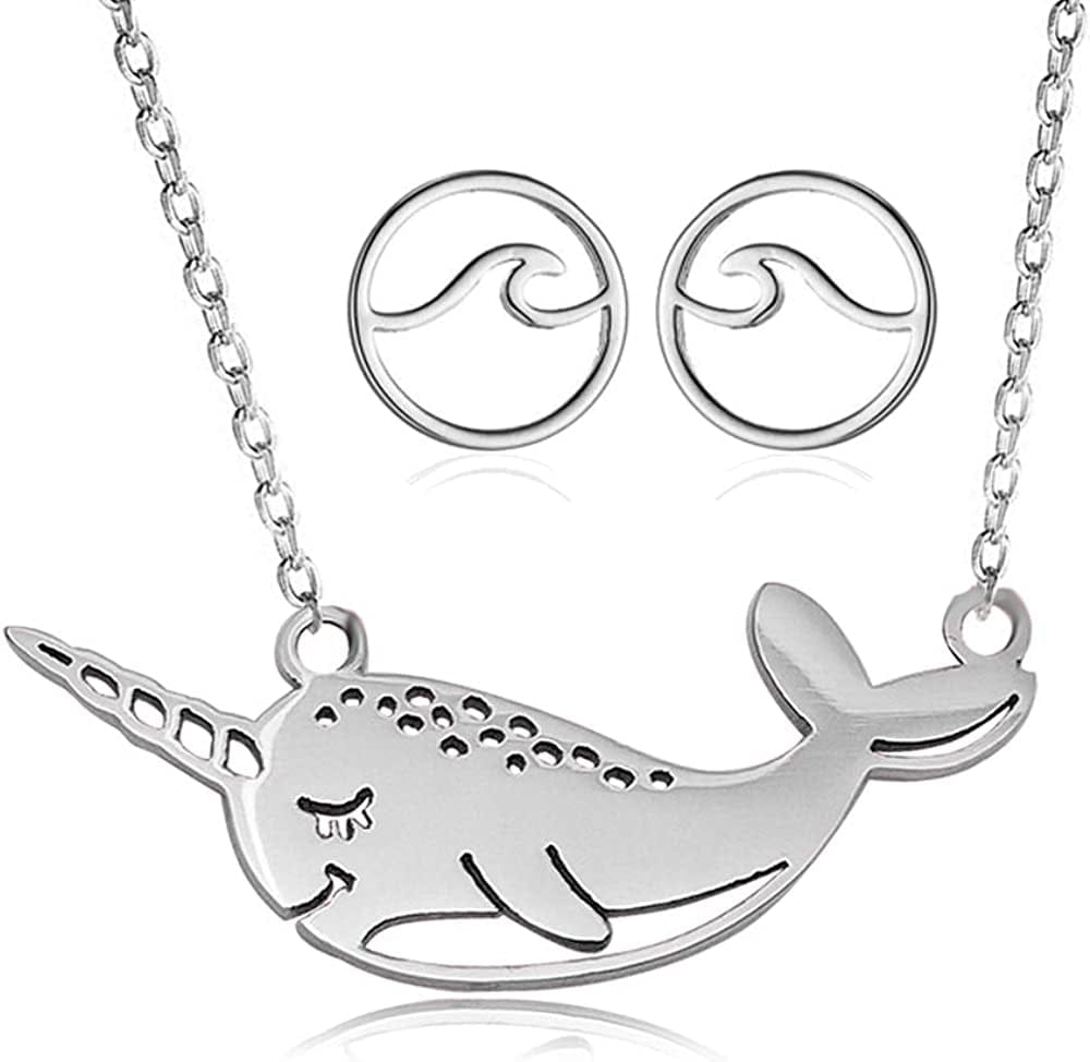 Cute Narwhal Whale of the Sea Fish Necklace Animal Jewelry Set for Women Girls Gift 18" Chain Silver narwhal + wave earrings