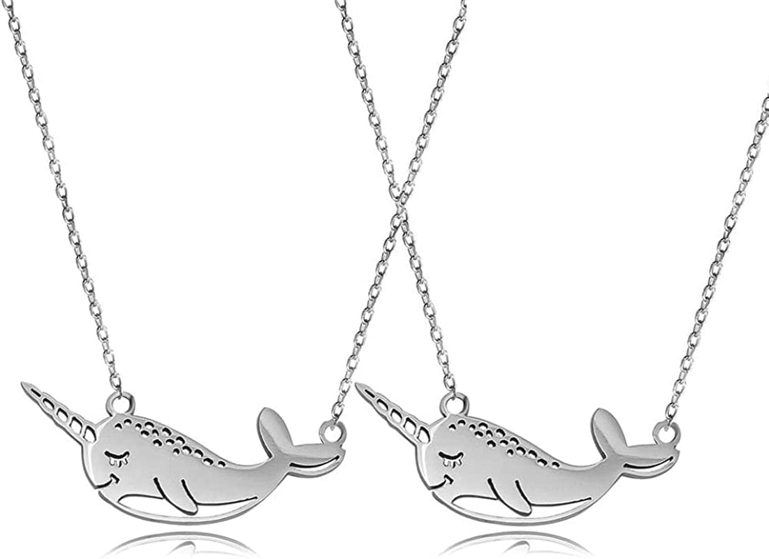 Cute Narwhal Whale of the Sea Fish Necklace Animal Jewelry Set for Women Girls Gift 18" Chain 2pcs silver narwhal
