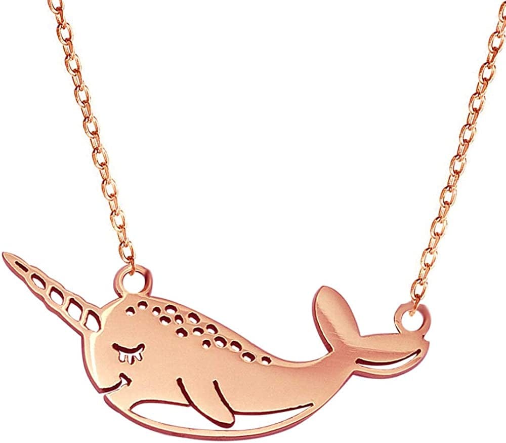 Cute Narwhal Whale of the Sea Fish Necklace Animal Jewelry Set for Women Girls Gift 18" Chain Rose gold narwhal