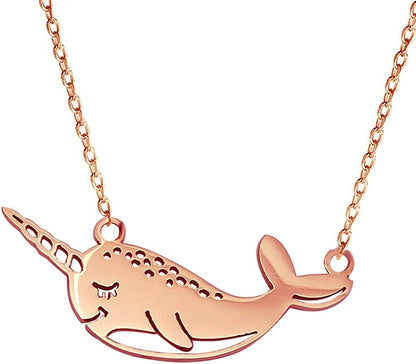 Cute Narwhal Whale of the Sea Fish Necklace Animal Jewelry Set for Women Girls Gift 18" Chain Rose gold narwhal