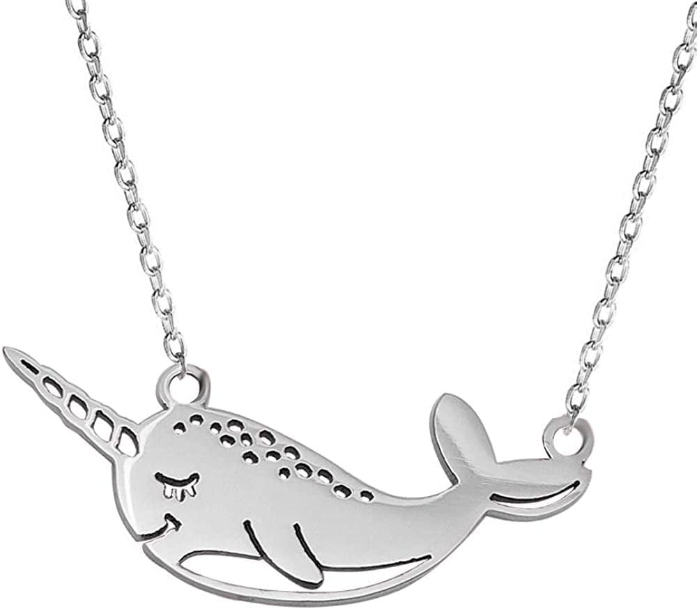 Cute Narwhal Whale of the Sea Fish Necklace Animal Jewelry Set for Women Girls Gift 18" Chain Silver narwhal