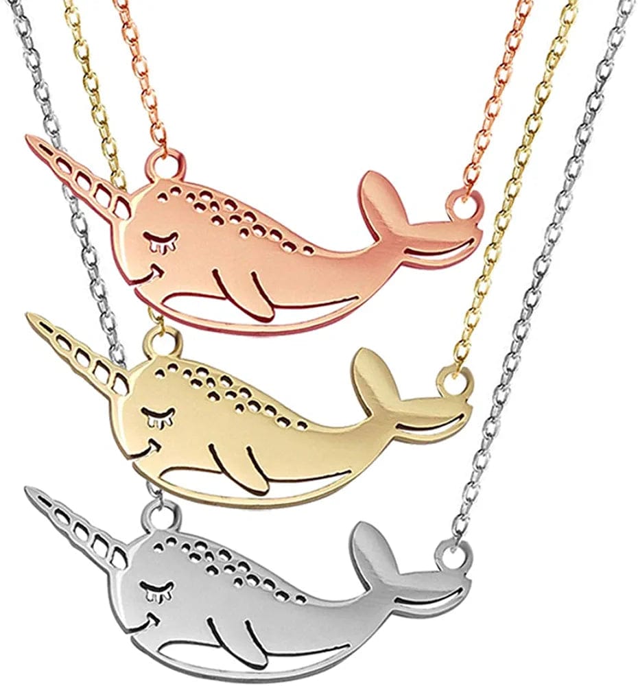 Cute Narwhal Whale of the Sea Fish Necklace Animal Jewelry Set for Women Girls Gift 18" Chain 3-color narwhal