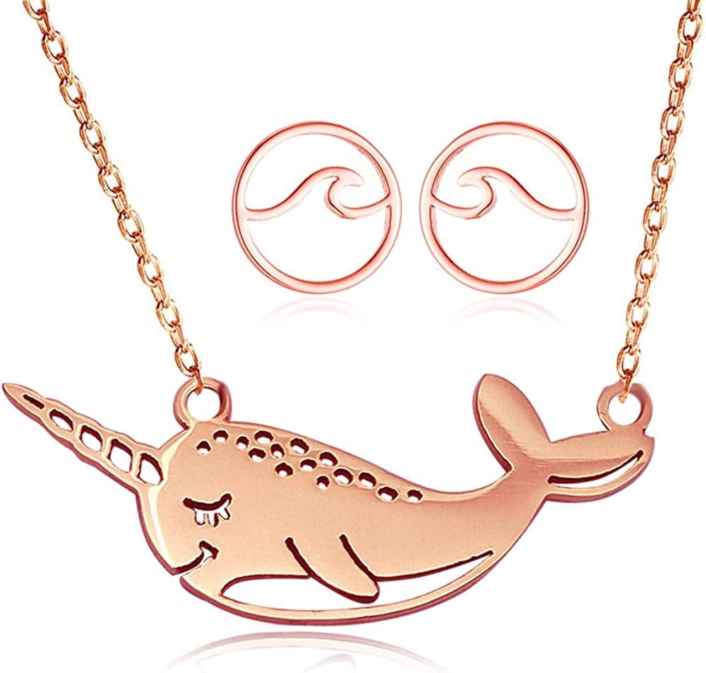 Cute Narwhal Whale of the Sea Fish Necklace Animal Jewelry Set for Women Girls Gift 18" Chain Rose Gold Narwhal + Wave Earrings