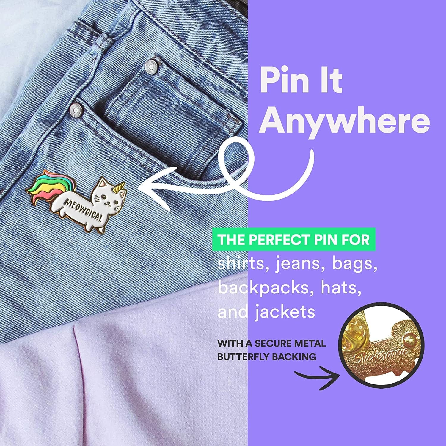 Cute Rainbow Meowgical Caticorn Lapel Pin, Colorful Magical Cat Unicorn Gold Plated Decorative Pin, 1.4”