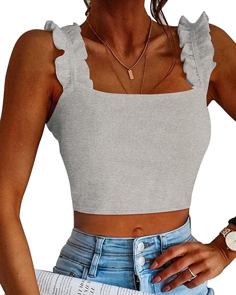 Cute Tank Tops for Women Ribbed Square Neck Ruffle Sleeve Tops for Women Cute Shirts Trendy Going Out Crop Tops Light Heather Grey / XX-Large