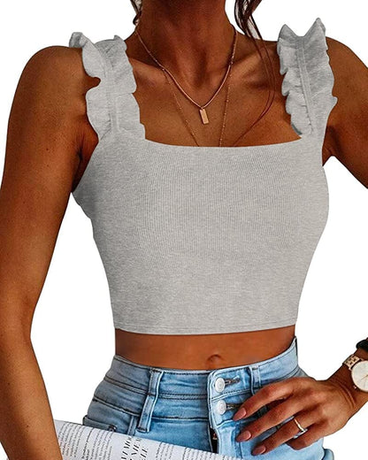 Cute Tank Tops for Women Ribbed Square Neck Ruffle Sleeve Tops for Women Cute Shirts Trendy Going Out Crop Tops Light Heather Grey / XX-Large
