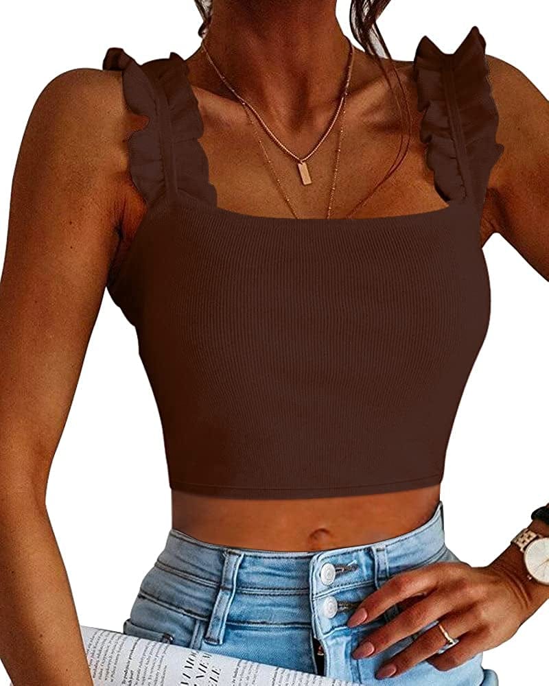 Cute Tank Tops for Women Ribbed Square Neck Ruffle Sleeve Tops for Women Cute Shirts Trendy Going Out Crop Tops Coffee / XX-Large