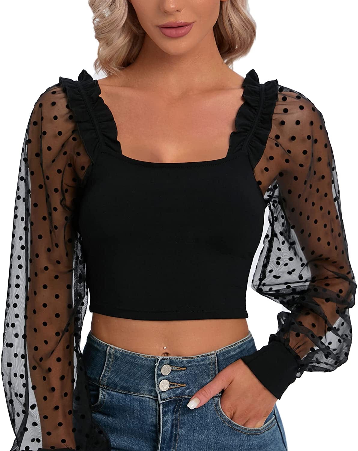 Cute Tank Tops for Women Ribbed Square Neck Ruffle Sleeve Tops for Women Cute Shirts Trendy Going Out Crop Tops Black Long Sleeve / XX-Large