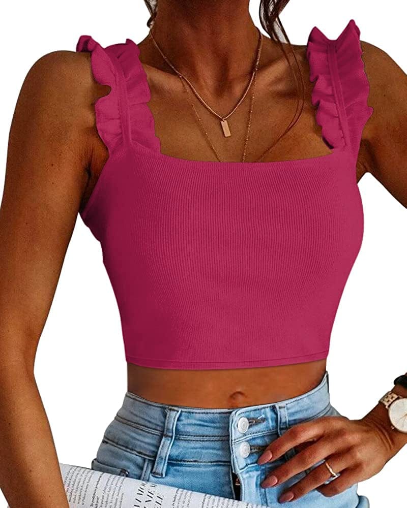Cute Tank Tops for Women Ribbed Square Neck Ruffle Sleeve Tops for Women Cute Shirts Trendy Going Out Crop Tops Rose Red / XX-Large