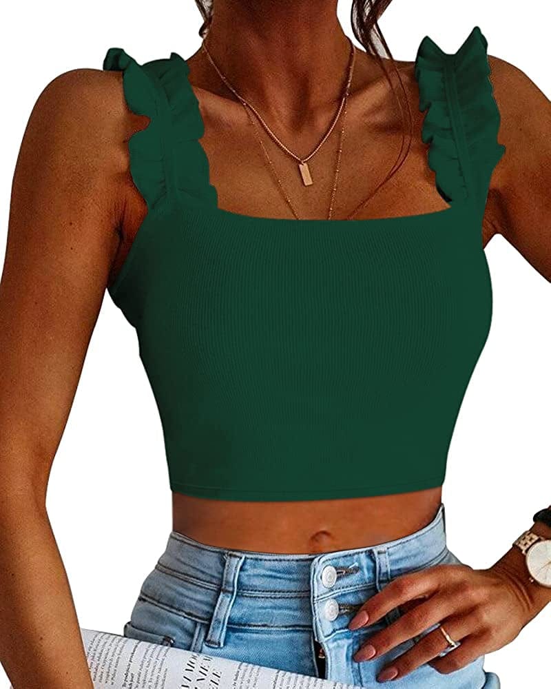 Cute Tank Tops for Women Ribbed Square Neck Ruffle Sleeve Tops for Women Cute Shirts Trendy Going Out Crop Tops Deep Green / XX-Large