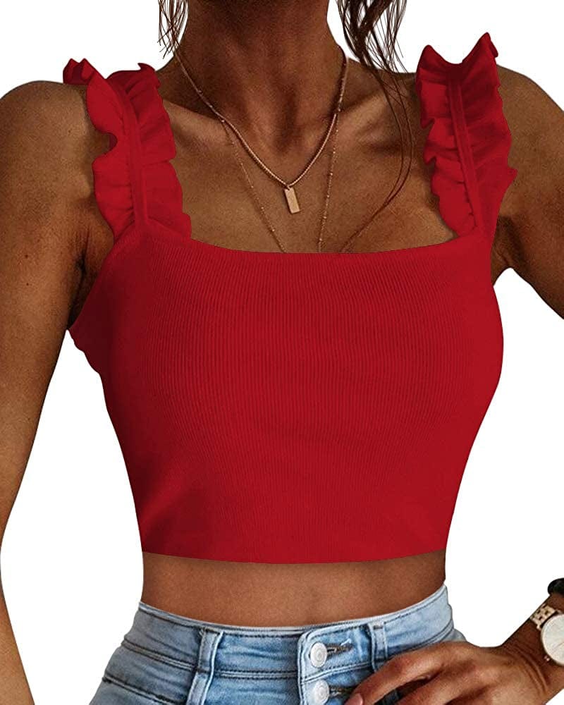 Cute Tank Tops for Women Ribbed Square Neck Ruffle Sleeve Tops for Women Cute Shirts Trendy Going Out Crop Tops Red / XX-Large
