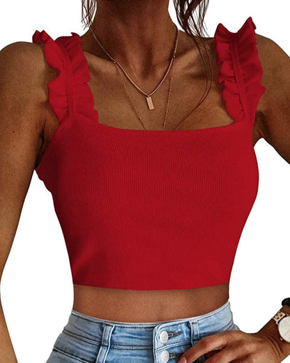 Cute Tank Tops for Women Ribbed Square Neck Ruffle Sleeve Tops for Women Cute Shirts Trendy Going Out Crop Tops Red / XX-Large