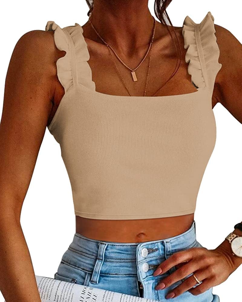 Cute Tank Tops for Women Ribbed Square Neck Ruffle Sleeve Tops for Women Cute Shirts Trendy Going Out Crop Tops Mocha / XX-Large