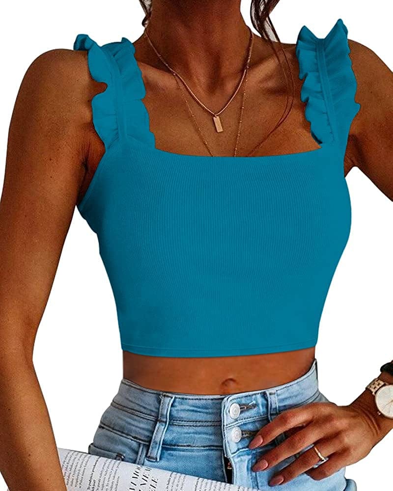 Cute Tank Tops for Women Ribbed Square Neck Ruffle Sleeve Tops for Women Cute Shirts Trendy Going Out Crop Tops Teal Blue / XX-Large