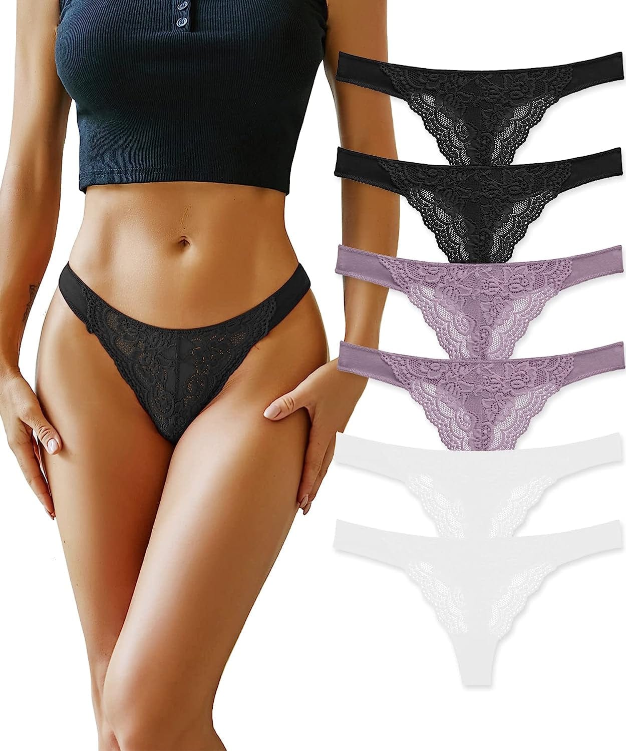 Cutebyte Cotton Thongs for Women Sexy Lace Thong Underwear T Back Breathable Low Rise Hipster Tangas Panties 6 Pack 6 Pack E / Small