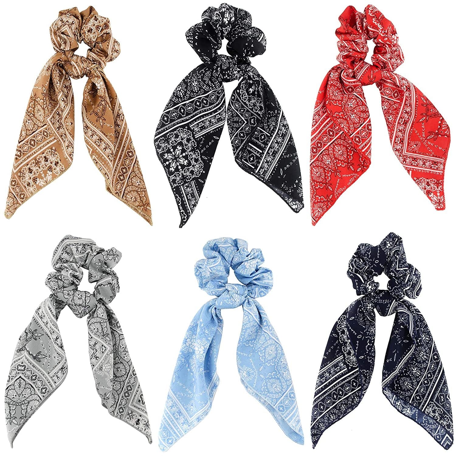 Cutewing Paisley Hair Scrunchies with Bow Hair Scarves Scrunchy Ponytail Holder Elastics Hair Bands Ribbon Hair Tie for Women Girls with 6PCS Apparel & Accessories > Clothing Accessories > Bandanas & Headties Cutewing MO10A  